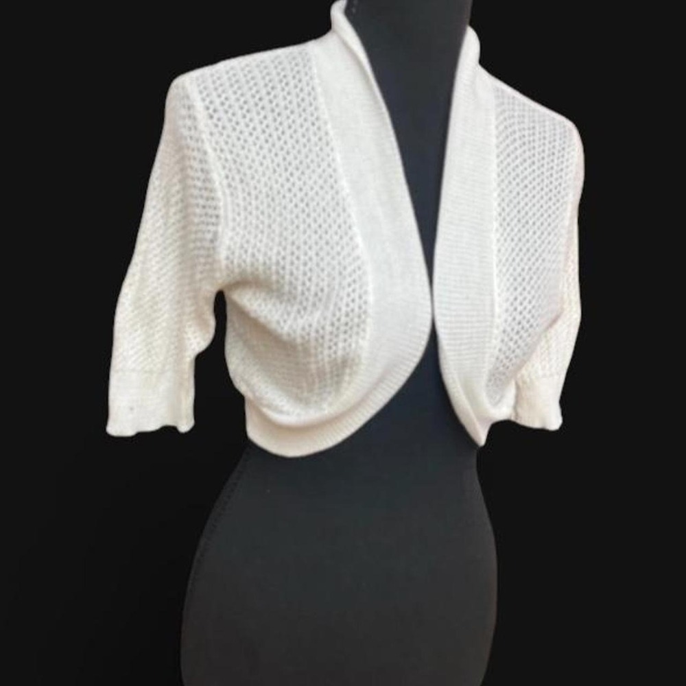 Vintage Say What? USA White Open Knit Shrug Bolero Cropped Cardigan Small